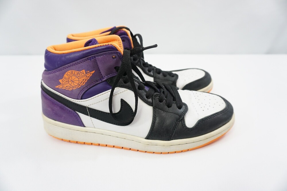 Worn Nike Air Jordan 1 Mid Phoenix Suns 554724-117 Men 9 Purple/Orange Sneakers